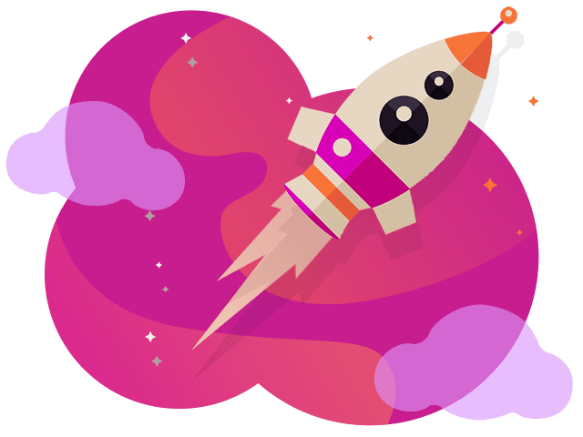 Illustration of a cartoon rocket ascending, with a vibrant pink and purple background embellished with stars and clouds, designed by a branding agency in Sydney.