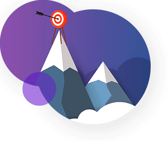 Illustration of a heart-shaped frame enclosing snowy mountains with a dart achieving a target at the summit.