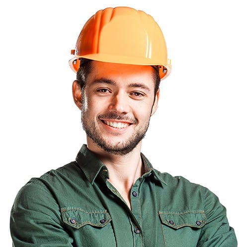 A smiling man wearing a green shirt and an orange construction helmet, isolated on a white background.