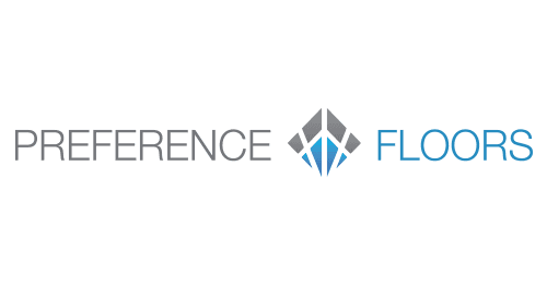 Logo of Preference Floors featuring the company name in gray and blue text with a geometric icon in the center, crafted as part of a web design and branding service by Spark Interact.