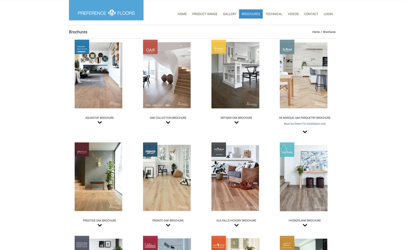 A webpage from Preference Floors displaying various floor brochures, each with an image of different room settings and types of flooring, designed with a grid layout. This sleek presentation is enhanced by the expert web design and branding service by Spark Interact.