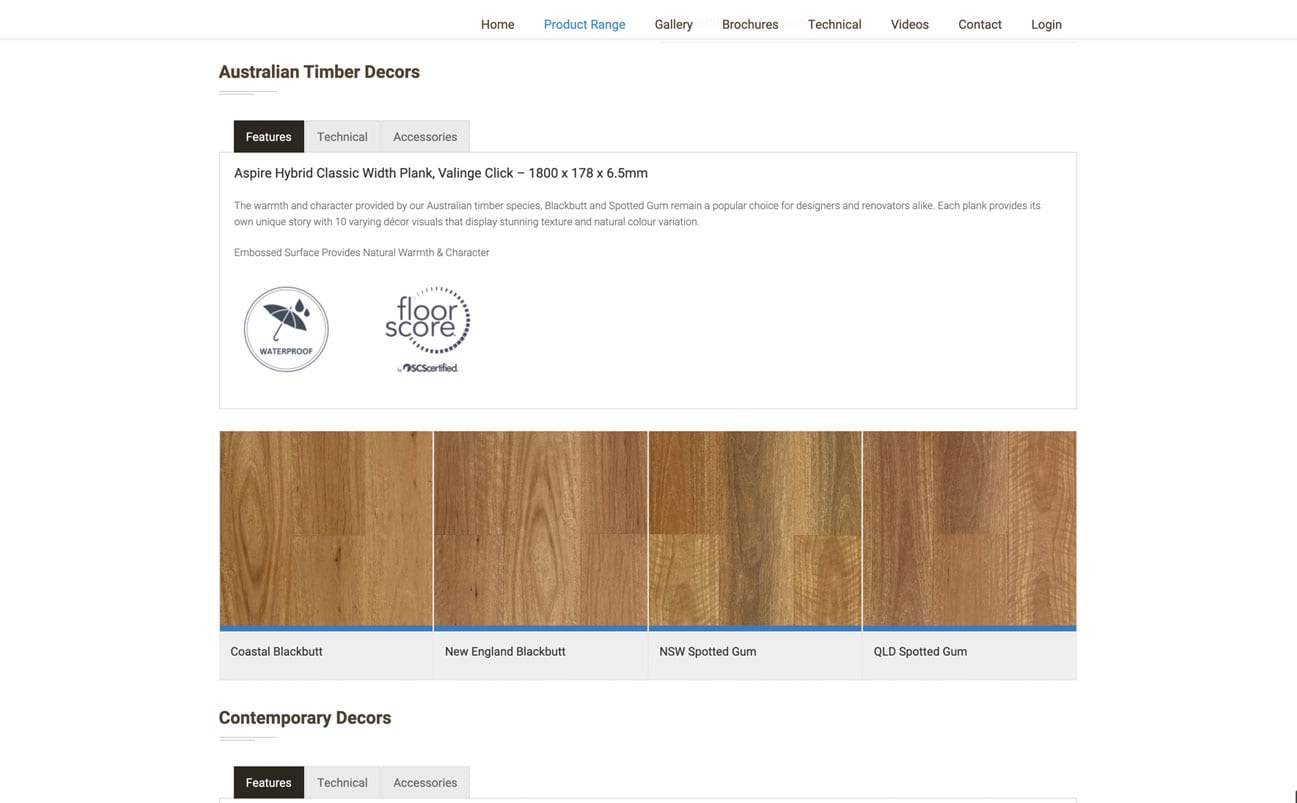 Screenshot of an Australian Timber Decors webpage showcasing Aspire hybrid classic vinyl planks in four wood finishes: Coastal Blackbutt, New England Blackbutt, NSW Spotted Gum, and QLD Spotted Gum. Web design and branding service by Spark Interact.