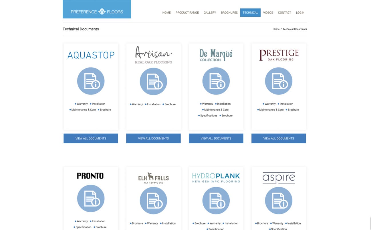 A webpage displaying technical documents for various flooring options from Preference Floors, including AquaStop, Artisan, De Marqué Collection, Prestige, Pronto, Elk Falls, Hydroplank, and Aspire. Expertly crafted with web design and branding services by Spark Interact.