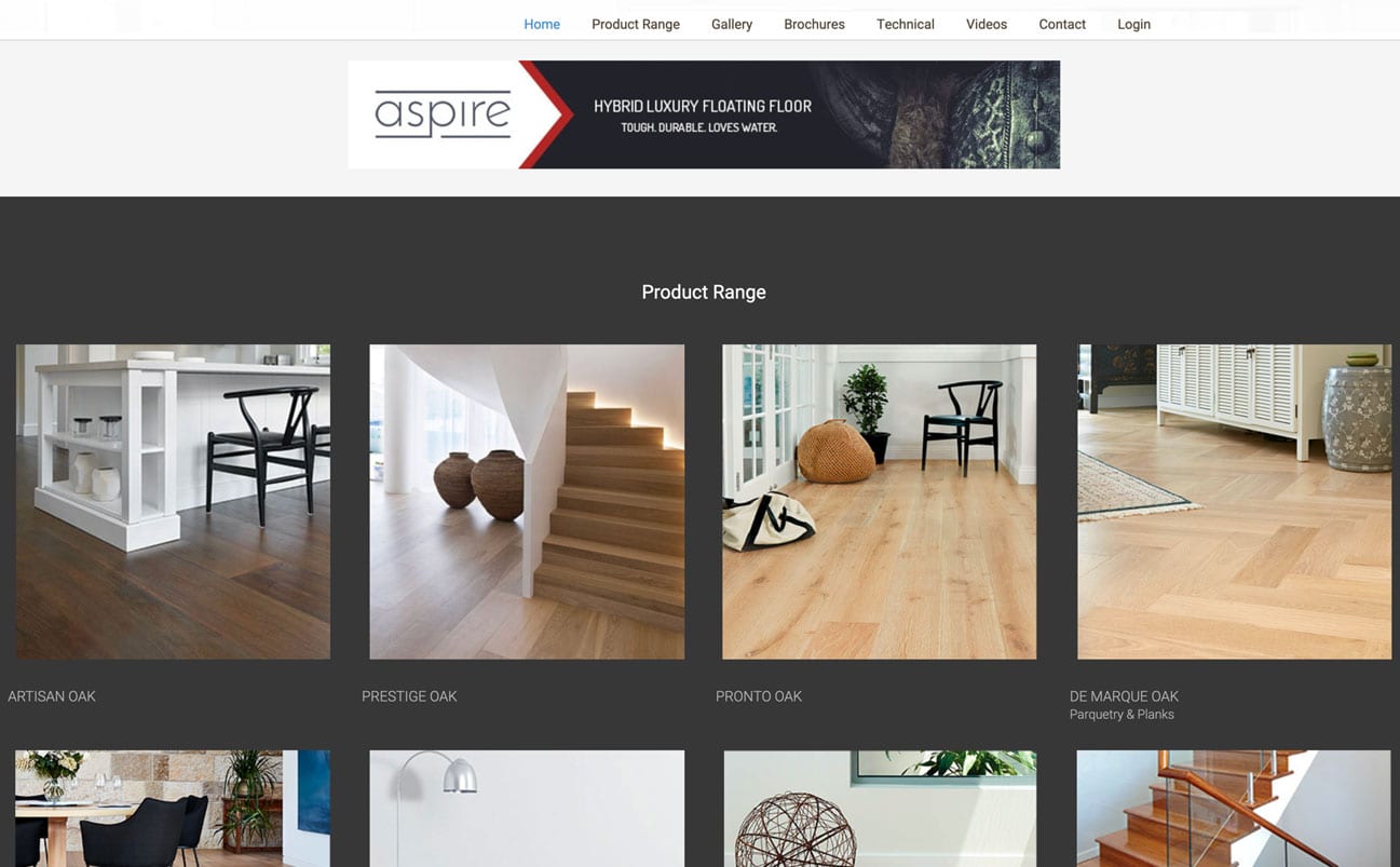 Website page displaying various hardwood flooring options including Artisan Oak, Prestige Oak, Pronto Oak, and De Marque Oak. Each product is represented by an image of installed flooring. Brought to life with expert web design and branding service by Spark Interact.