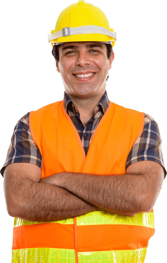 Construction worker in yellow hard hat and orange reflective vest smiling, arms crossed, isolated on a green background as an example of our capability statement.