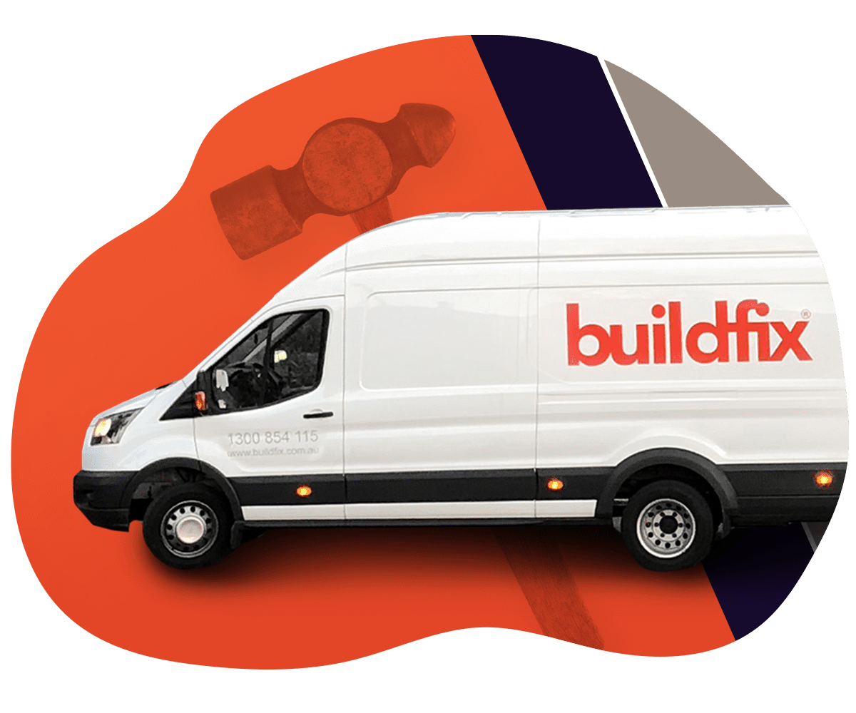 White van with Buildfix branding on the side, parked in front of an orange background featuring a hammer graphic, embodies professional craftsmanship and reliability.