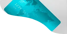 A blue credit card partially visible, with embossed numbers and a world map design, overlapping geometric shapes in the background.