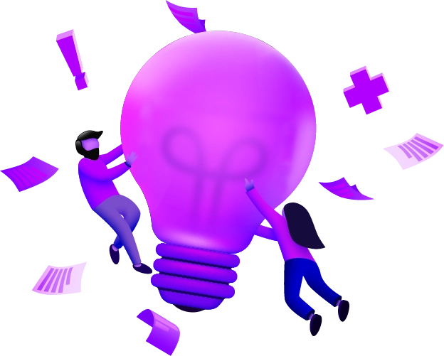 Two stylized figures in purple, one standing and one reclining, interact with a large, glowing purple lightbulb surrounded by dynamic pink arrows in a contemporary home decor setting.