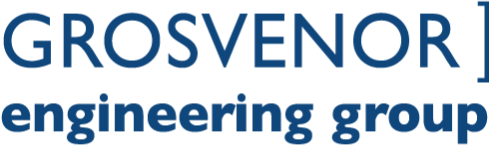 Logo of Grosvenor Engineering Group, featuring the name in blue text with a bracket on the right, suitable for interior design themes.