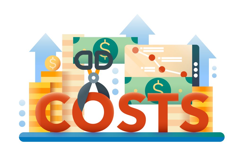 Illustration of financial elements and the word "COSTS" featuring money, scissors, and upward arrows, symbolizing rising expenses and strategies for website maintenance.