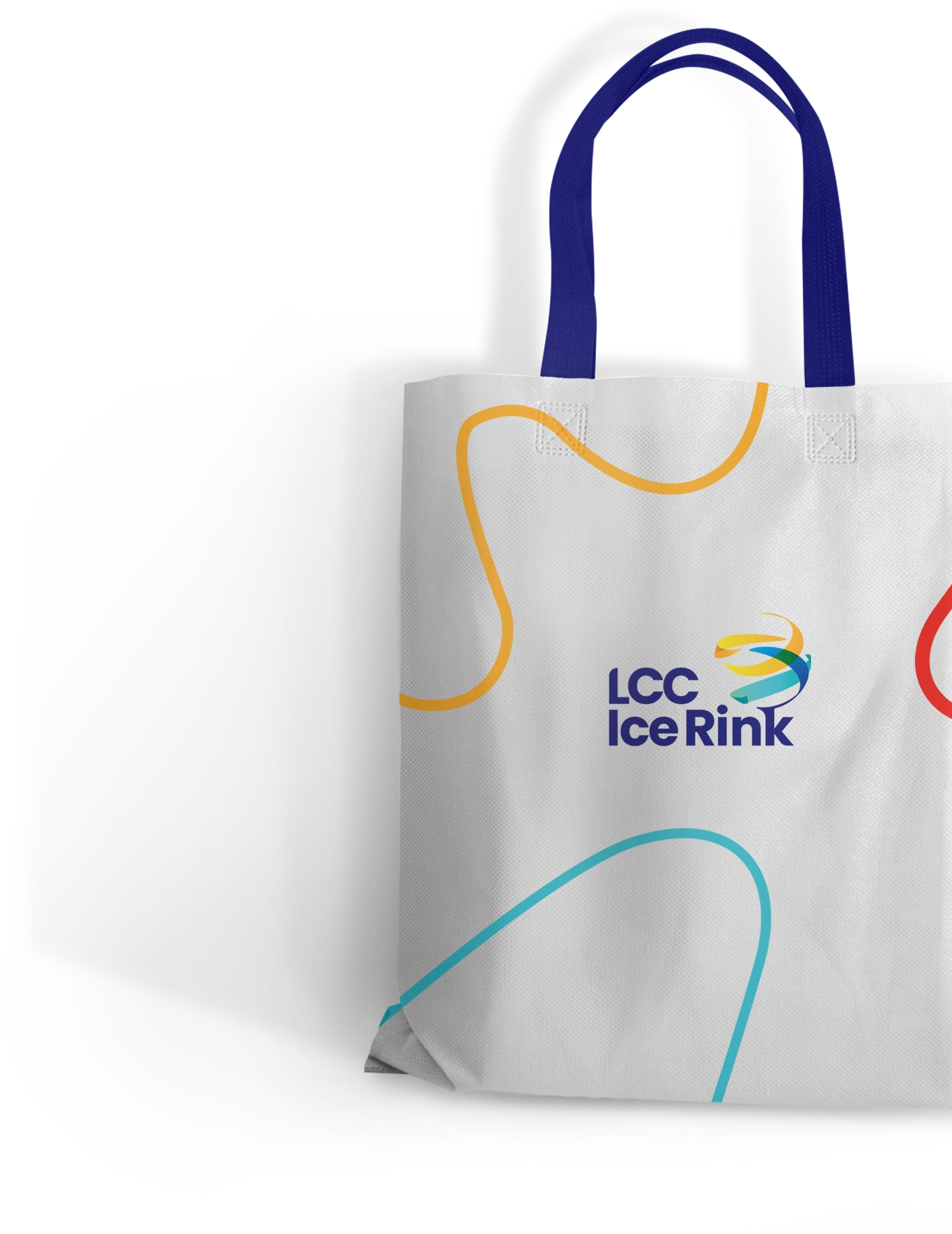 White tote bag with blue handles, featuring colorful abstract lines and "lcc ice rink" logo, set against a black background.