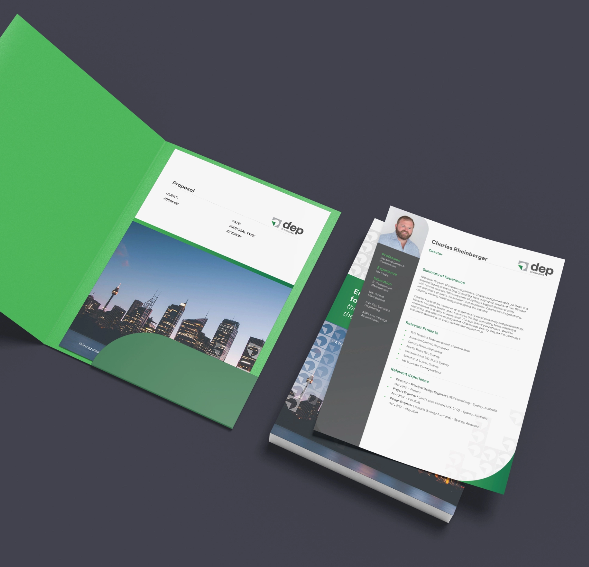 Marketing brochure and business card in green and gray with company logo, photos of cityscape, and professional text layout.