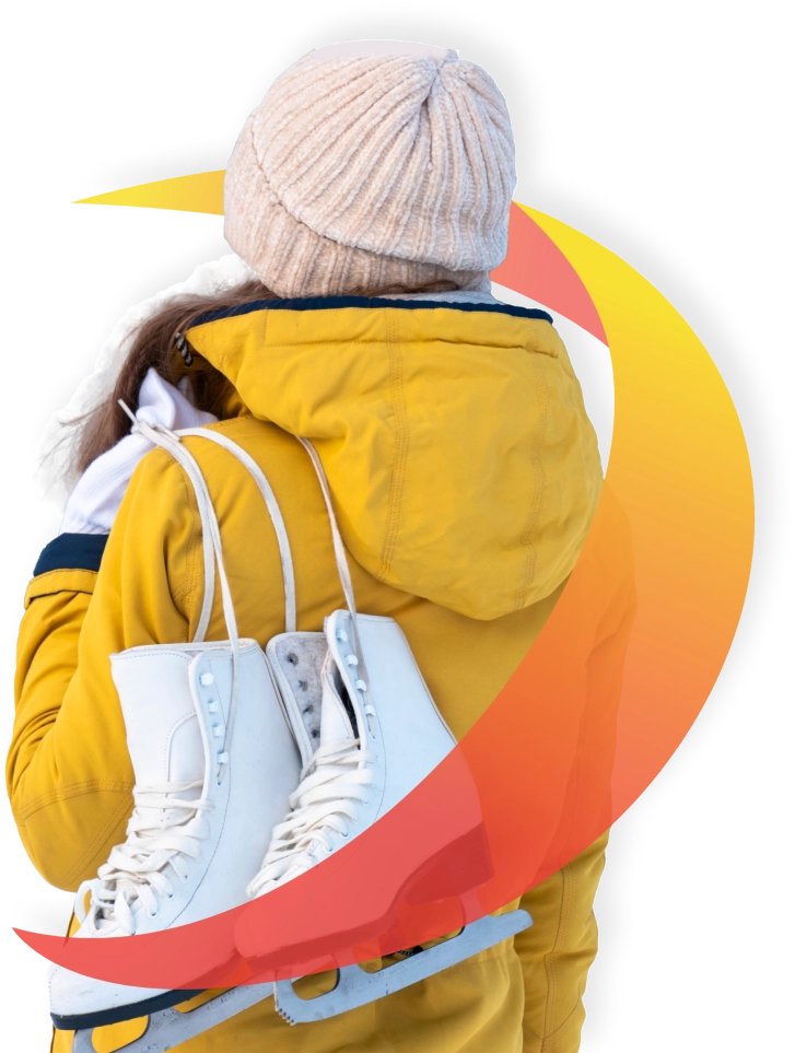 Young woman in a yellow jacket and beige hat carrying ice skates, viewed from the back, against a colorful abstract background.