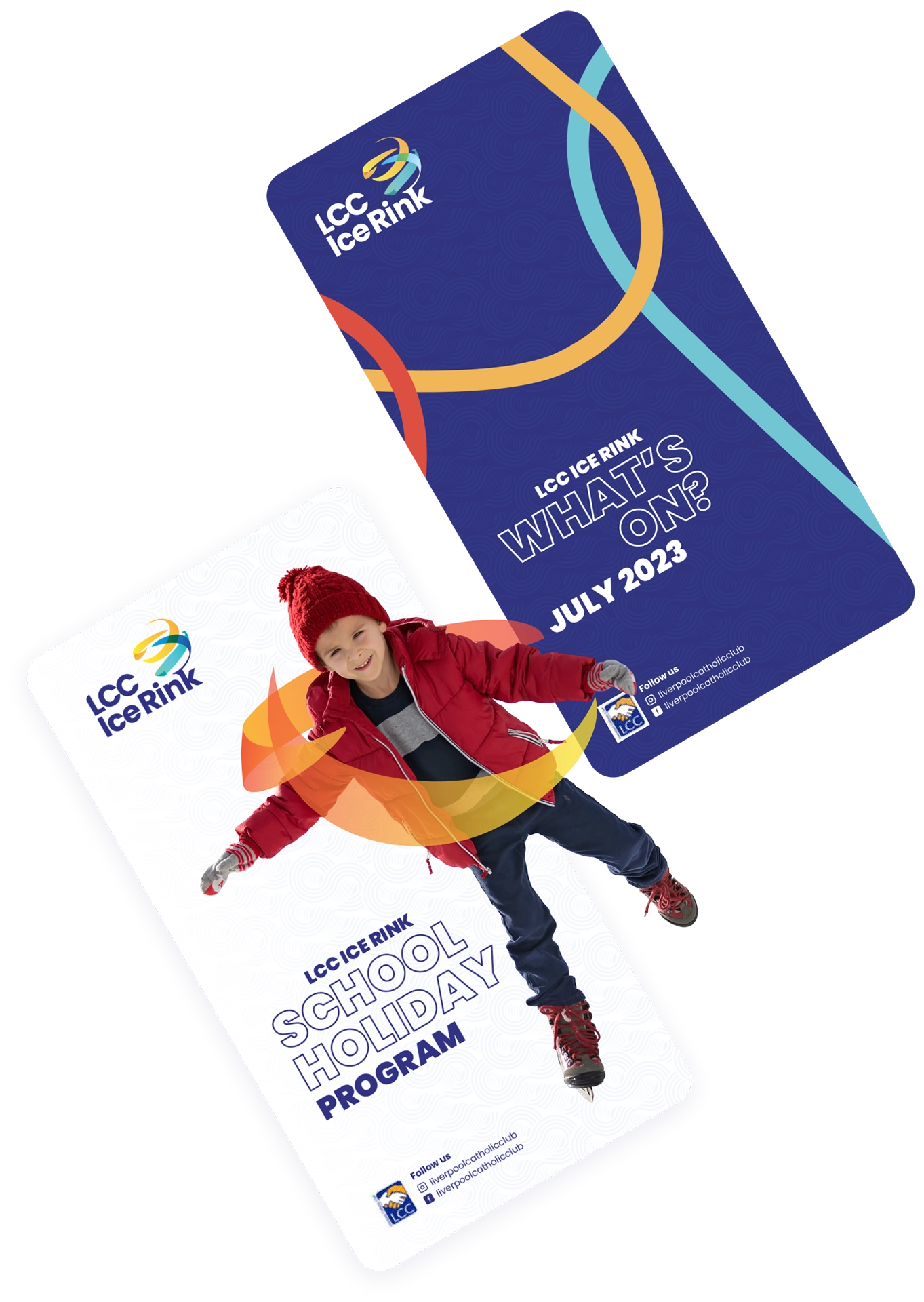 Two promotional flyers for icc ice rink, featuring a joyful child in winter clothing ice skating, with event details for july 2018.