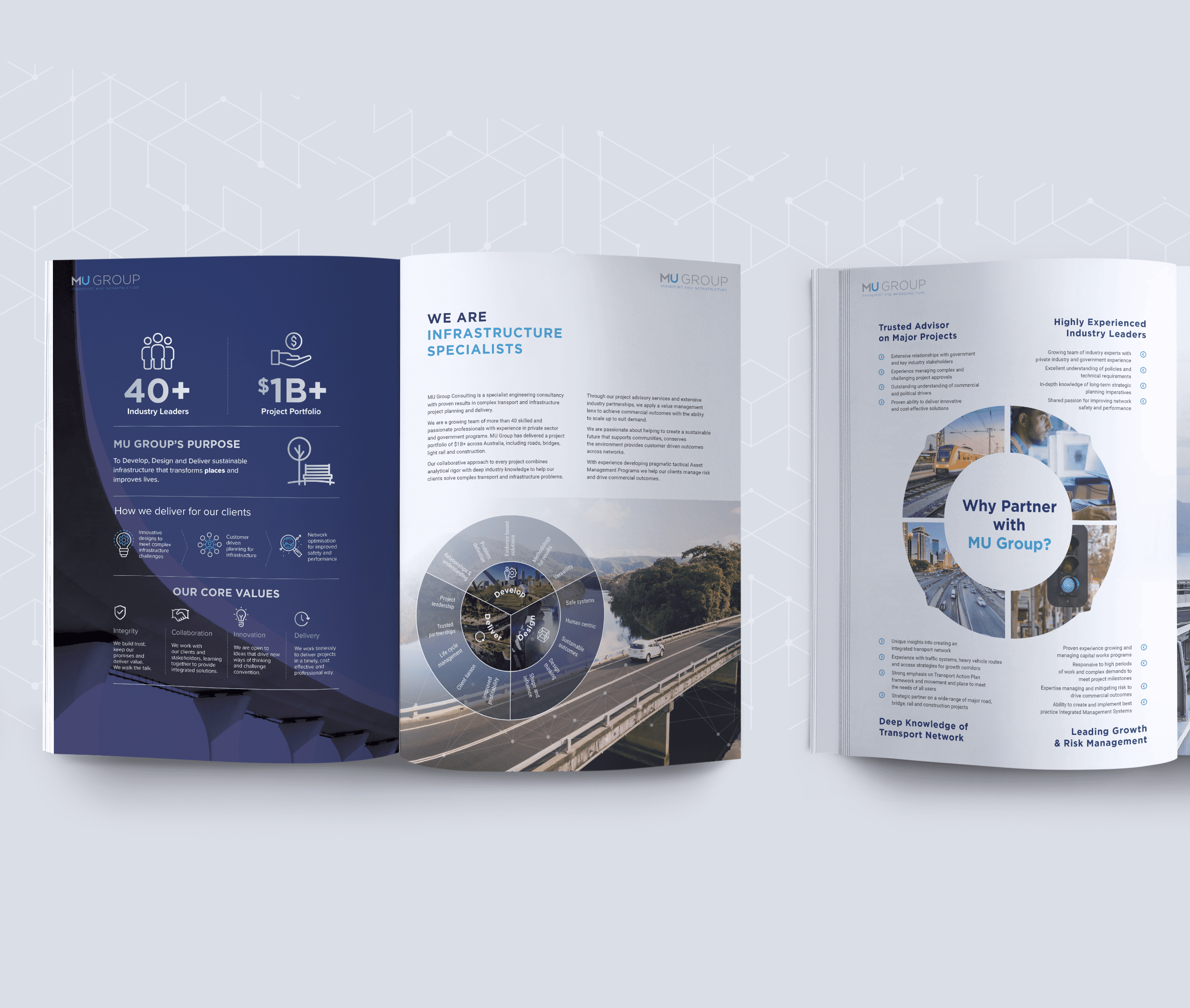 Open brochure of hij group showcasing company values, purpose, and services with infographics and text on a dark and light background.