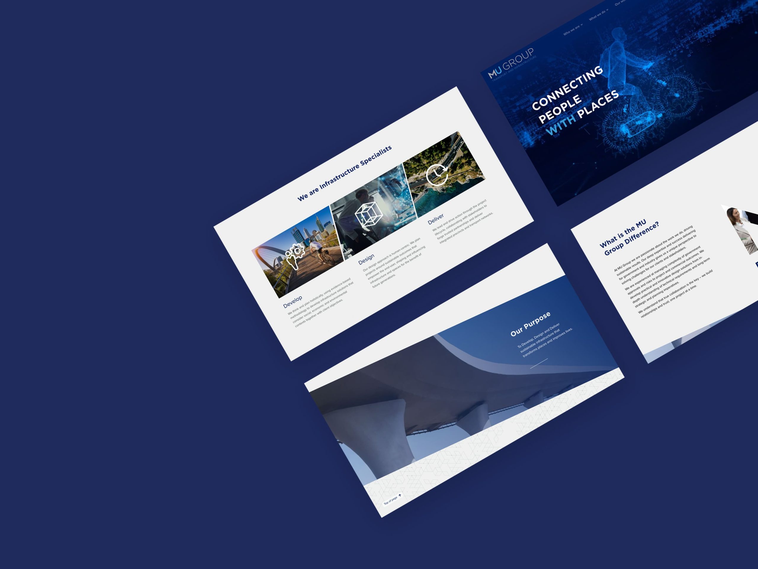 A digital design mockup showcasing three web pages from a corporate website displayed on a dark blue background.