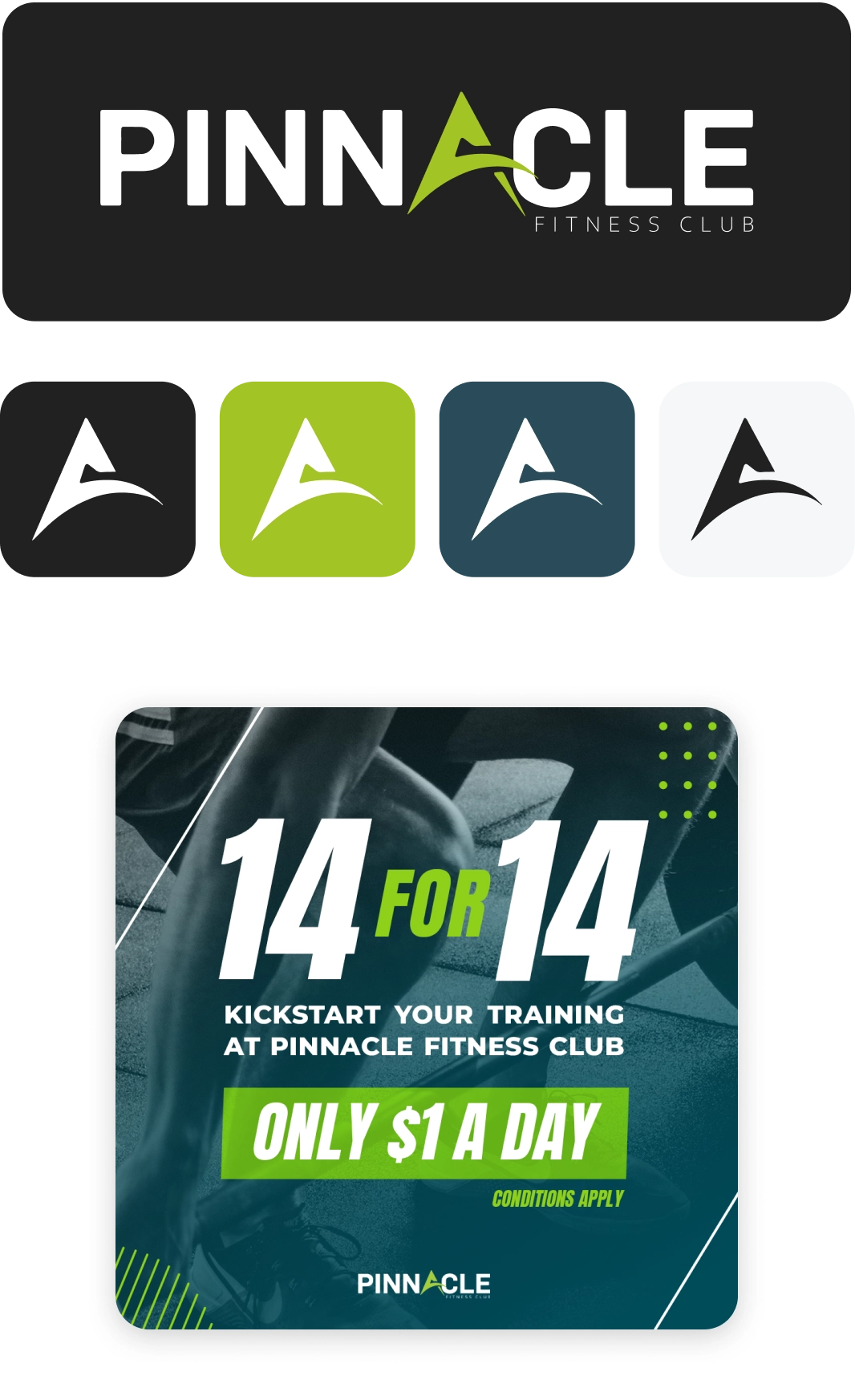 Promotional image for Pinnacle Fitness Club featuring logo variations and an advertisement for a "14 for 14" offer, stating "Kickstart your training at Pinnacle Fitness Club. Only $1 a day. Conditions apply." Experience peak performance with Pinnacle.