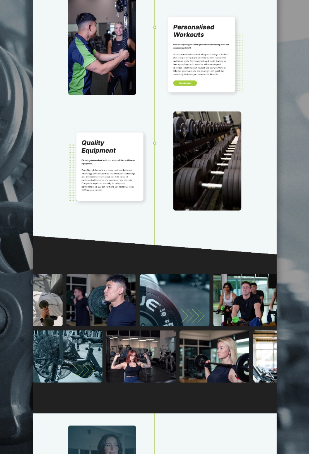 A pinnacle gym marketing image featuring trainers assisting clients, equipment details, and class scenes. Text highlights personalized workouts and quality equipment.