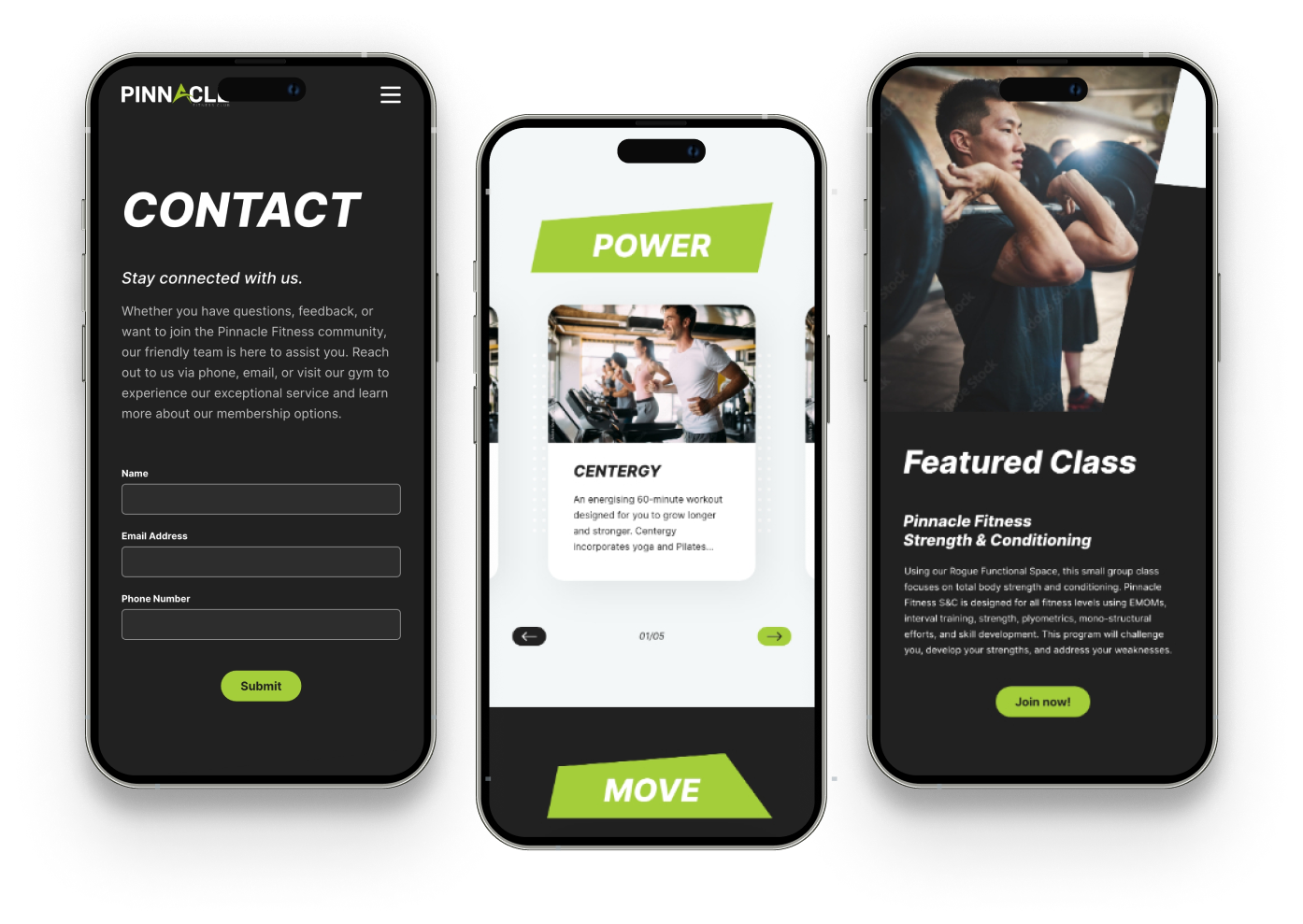 Three smartphone screens display a fitness app. The screens showcase contact information, a pinnacle power workout section, and a featured class description.