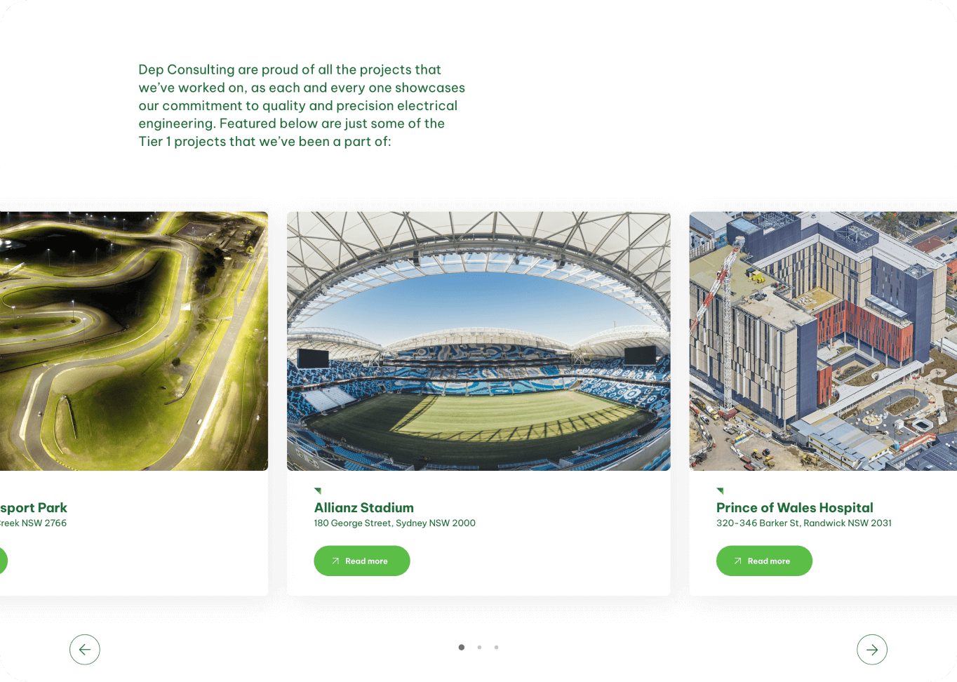 Three architectural project images on a consulting firm's website: a twisting structure, a large stadium, and a modern hospital building, each with a "read now" button.