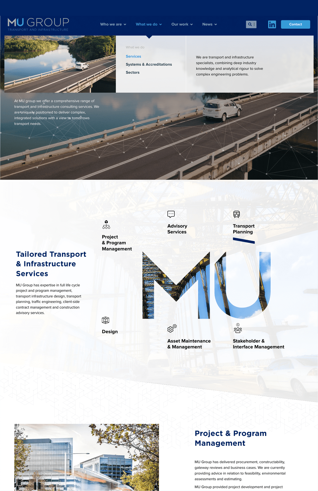 A professional website for mu group showcasing their services in transport and infrastructure with images of bridges, a design layout, and text sections.