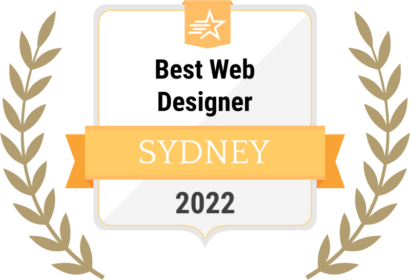 Award certificate reading "best web designer sydney 2022" with a star icon and decorative laurel wreaths in black and gold colors.