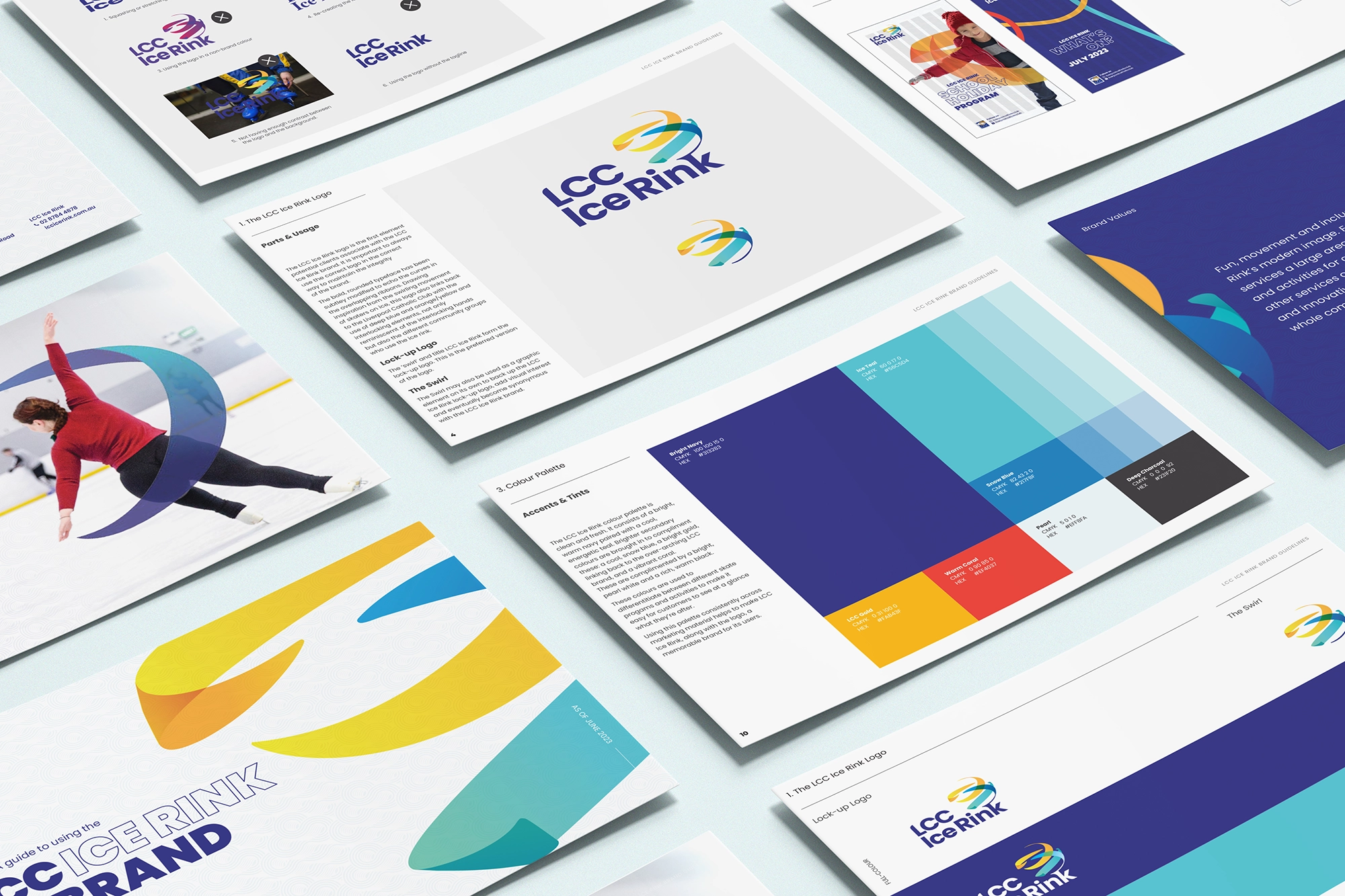 Various branding materials for "icerink" displayed in a layout, including logo design, brochures, and business cards with a vibrant color scheme.