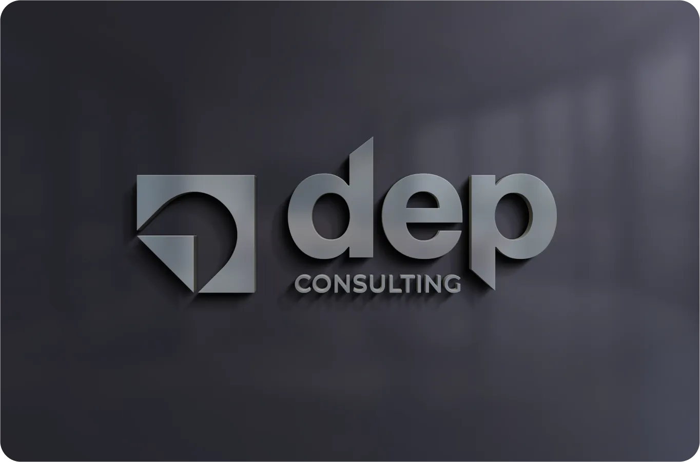 Logo of "dep consulting" featuring stylized text and an abstract icon, against a gray blurred background.