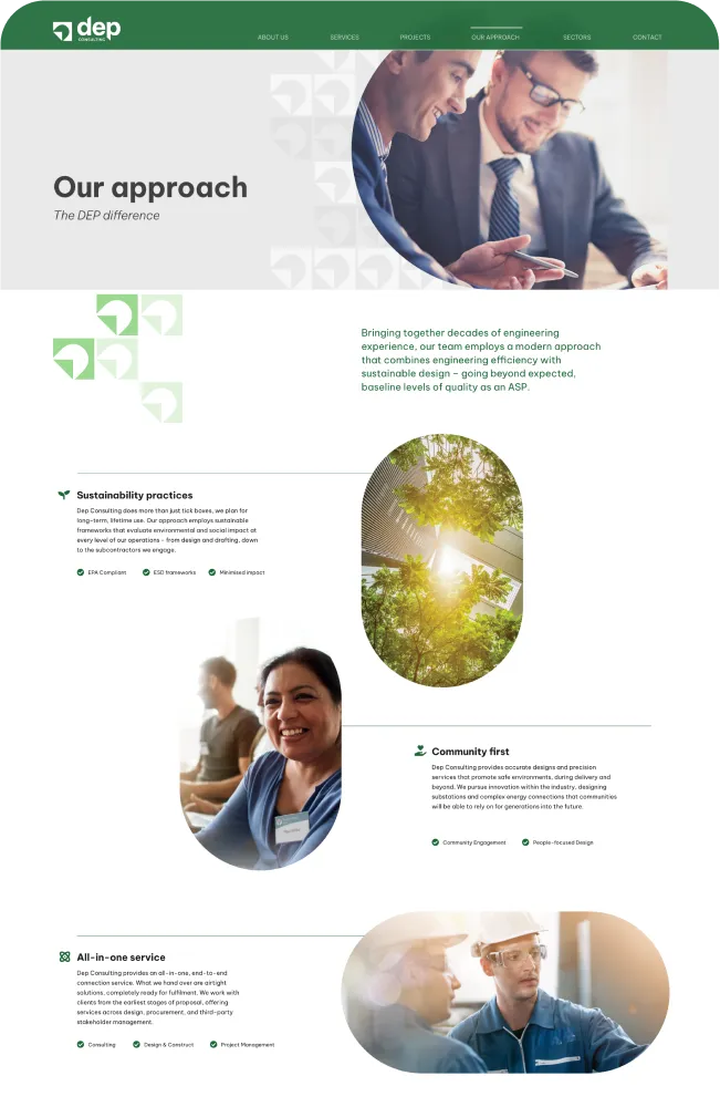 Webpage design for 'dep' company showcasing their services with images of professionals in meetings, environmental projects, a community event, and technical work.