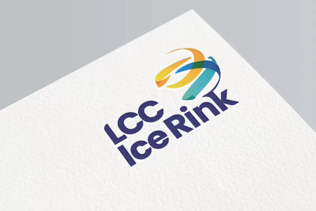 Logo of lcc ice rink featuring stylized, colorful ribbons above the text on a textured paper background.