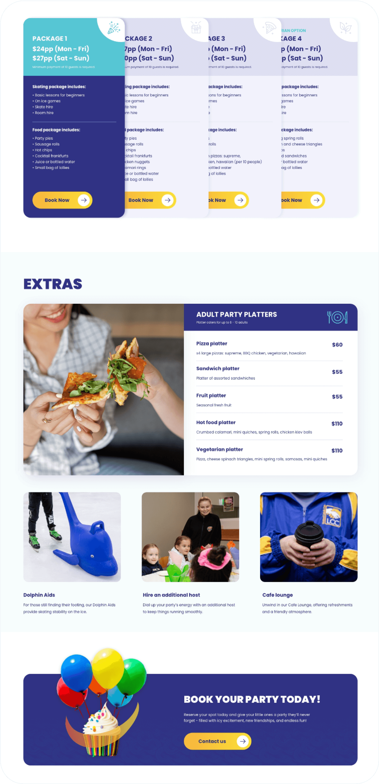 Website page showing children's party packages, adult platter options, entertainment features, and a booking section.